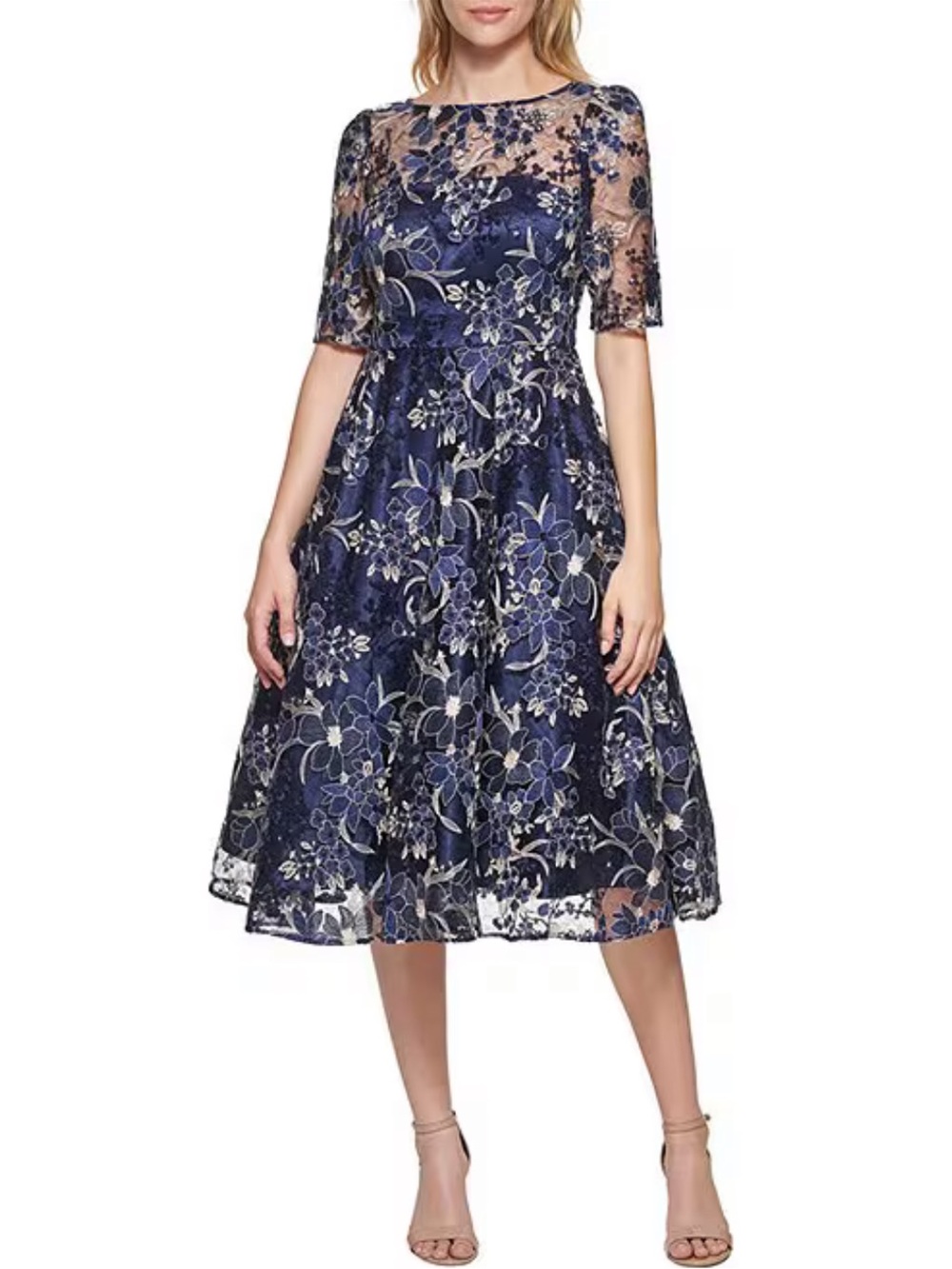 Eliza J Navy Floral Lace Midi Dress with Sheer Yoke Size 0
